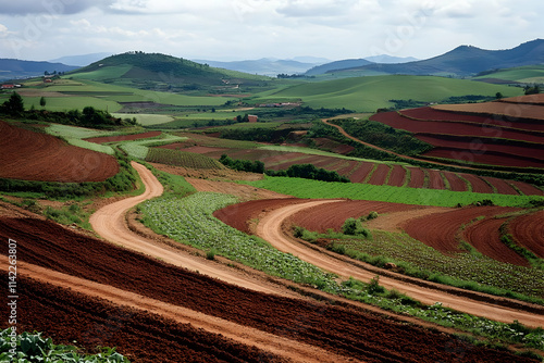 Scenic landscape featuring rolling hills and cultivated fields with winding dirt paths.