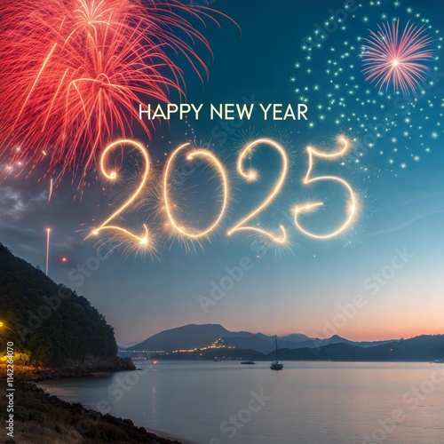 Happy New Year 2025. Beautiful creative holiday web banner or flyer with red fireworks and Golden sparkling number 2025 on blue sky over water photo