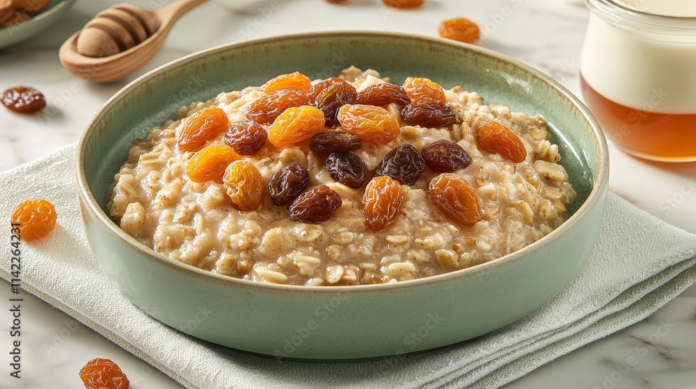 Bowl of Creamy Oatmeal Topped with Dried Fruits Bowl of Creamy Oatmeal Topped with Dried Fruits