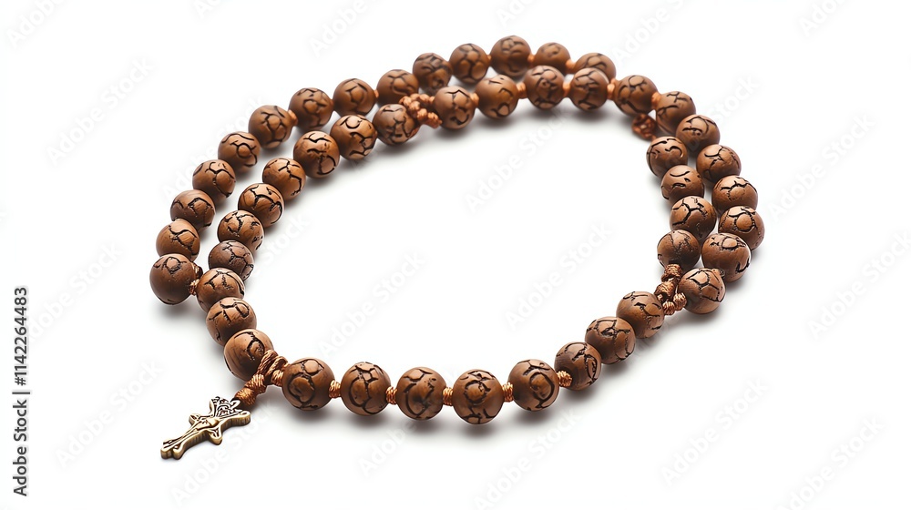 Brown wooden rosary with crucifix on a white isolated background. Brown wooden rosary with crucifix on a white isolated background.