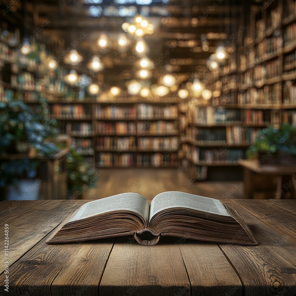 Open Book on a Wooden Table with Blurred Library Open Book on a Wooden Table with Blurred Library
