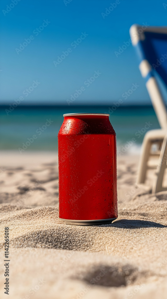 Soda can relaxing on the sandy beach chair under a clear sky near the tranquil ocean waves enjoying a sunny day at the beach Soda can relaxing on the sandy beach chair under a clear sky near the tranquil ocean waves enjoying a sunny day at the beach