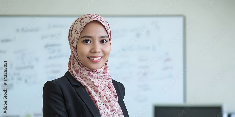 Indonesian female business consultant standing in front of a whiteboard, confidently discussing strategies