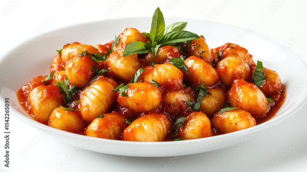 A delectable serving of Italian gnocchi tossed in a rich tomato sauce, garnished with fresh herbs, presented on a clean white background to highlight its comforting appeal. A delectable serving of Italian gnocchi tossed in a rich tomato sauce, garnished with fresh herbs, presented on a clean white background to highlight its comforting appeal.