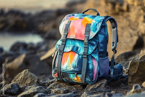 Colorful backpack on rocky beach at sunset. photo