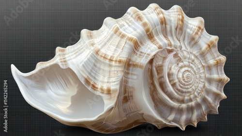 Detailed Close-up of a Beautiful Sea Shell Displaying Intricate Patterns and Smooth Glossy Surface on a Dark Background for Artistic and Coastal Themes photo