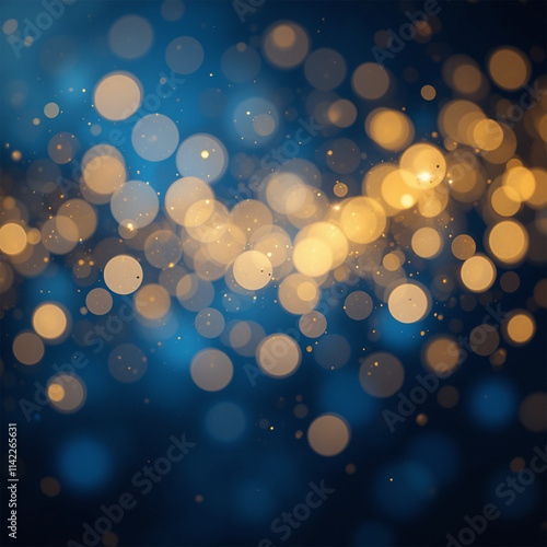 Abstract dark blue and gold particle background with Christmas golden light bokeh