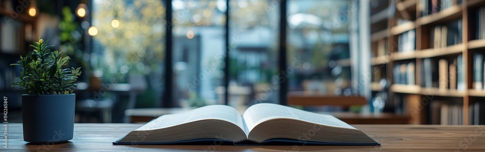 Open Book on a Wooden Table with Blurred Library Open Book on a Wooden Table with Blurred Library