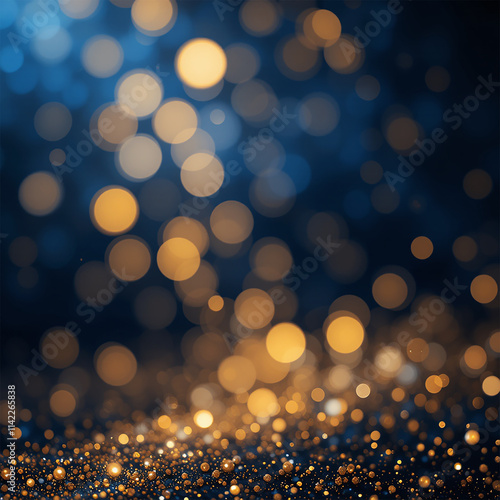 Abstract dark blue and gold particle background with Christmas golden light bokeh
