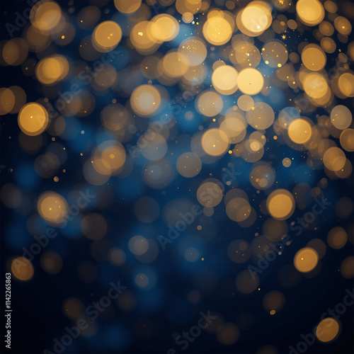 Abstract dark blue and gold particle background with Christmas golden light bokeh