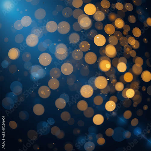 Abstract dark blue and gold particle background with Christmas golden light bokeh