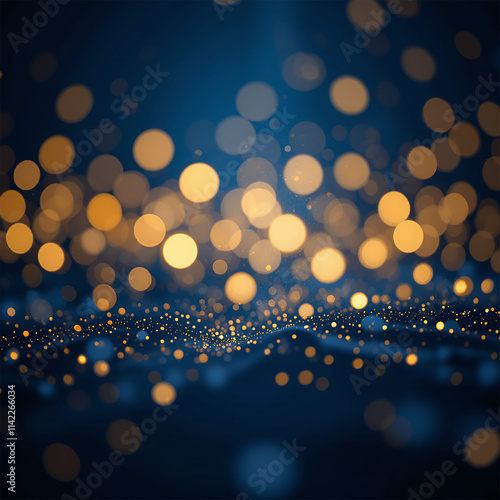 Abstract dark blue and gold particle background with Christmas golden light bokeh