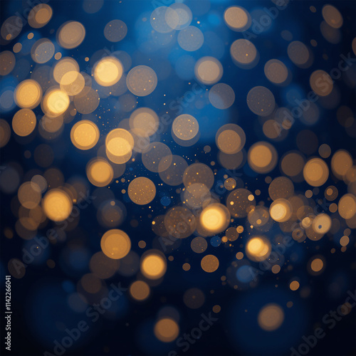 Abstract dark blue and gold particle background with Christmas golden light bokeh