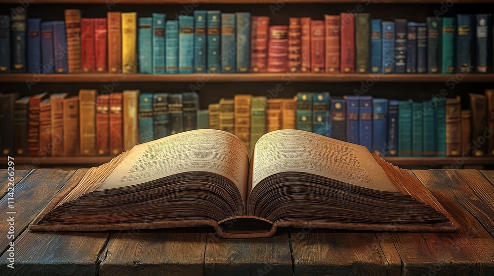 Open Book on a Wooden Table with Blurred Library Open Book on a Wooden Table with Blurred Library
