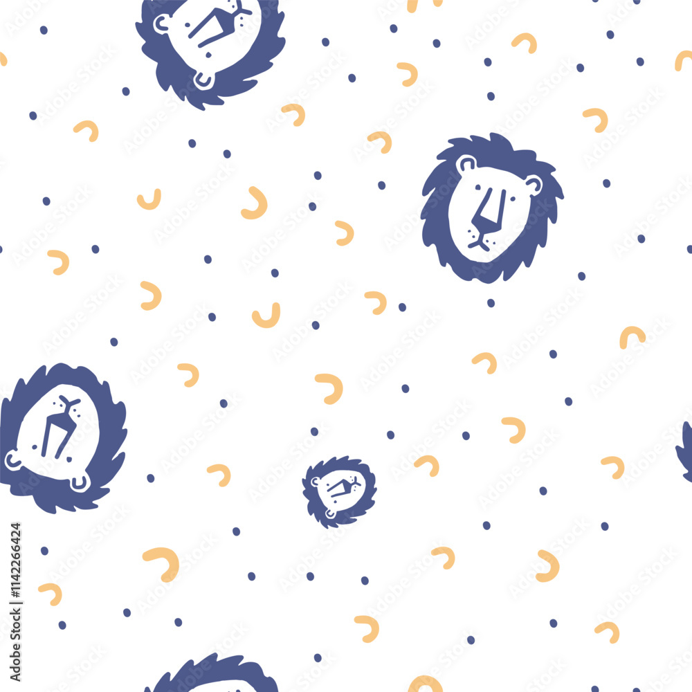 Seamless vector pattern with cute draw fluffy lion, paws. Simple doodle style.
Seamless vector pattern with cute draw fluffy lion, paws. Simple doodle style.