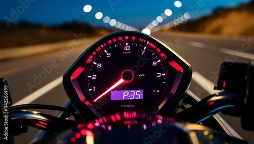 Nighttime motorcycle ride. The speedometer glows red, illuminating the road ahead. A sense of adventure and speed.