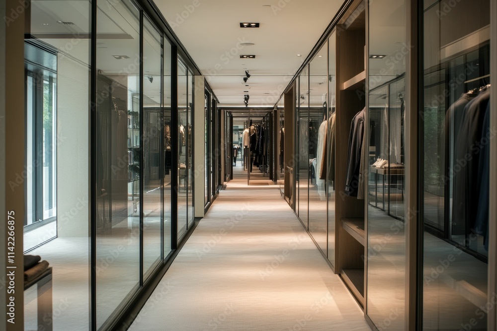 Long corridor, glass walls, clothing displays. Long corridor, glass walls, clothing displays.