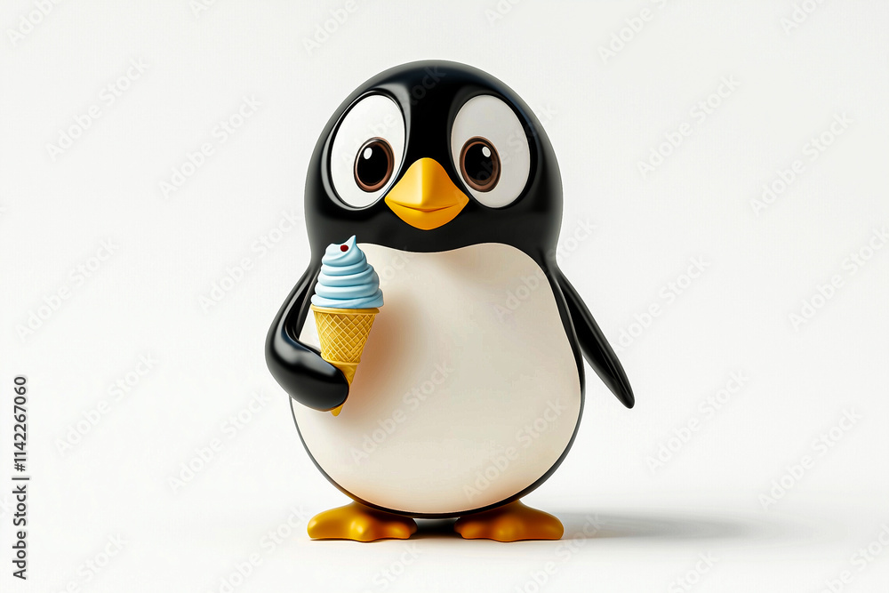 Obraz premium Joyful Penguin holding a small ice cream cone, colorful and fun design, suitable for merchandising (stickers, mugs, apparel)Emoji Illustration on White Background