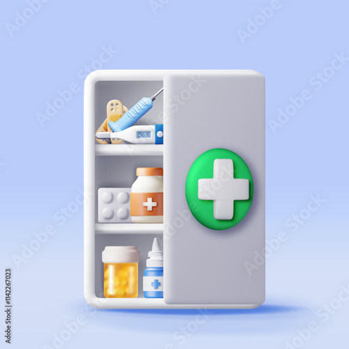 3d medicine cabinet isolated. Render medical collection. Spray pills, first aid kit, thermometer, syringe. Shelves with drugs bottles and blisters. Healthcare hospital and medical. Vector illustration