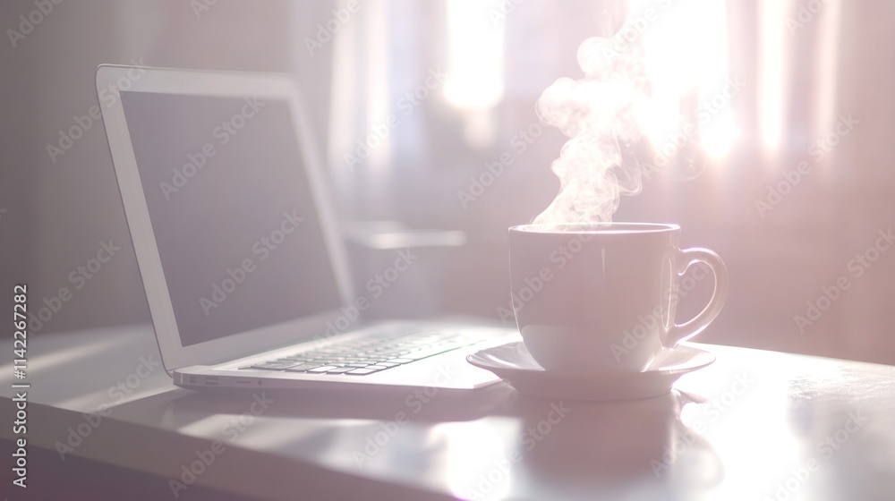 Laptop and steaming coffee cup on a desk in sunlit room. Laptop and steaming coffee cup on a desk in sunlit room.