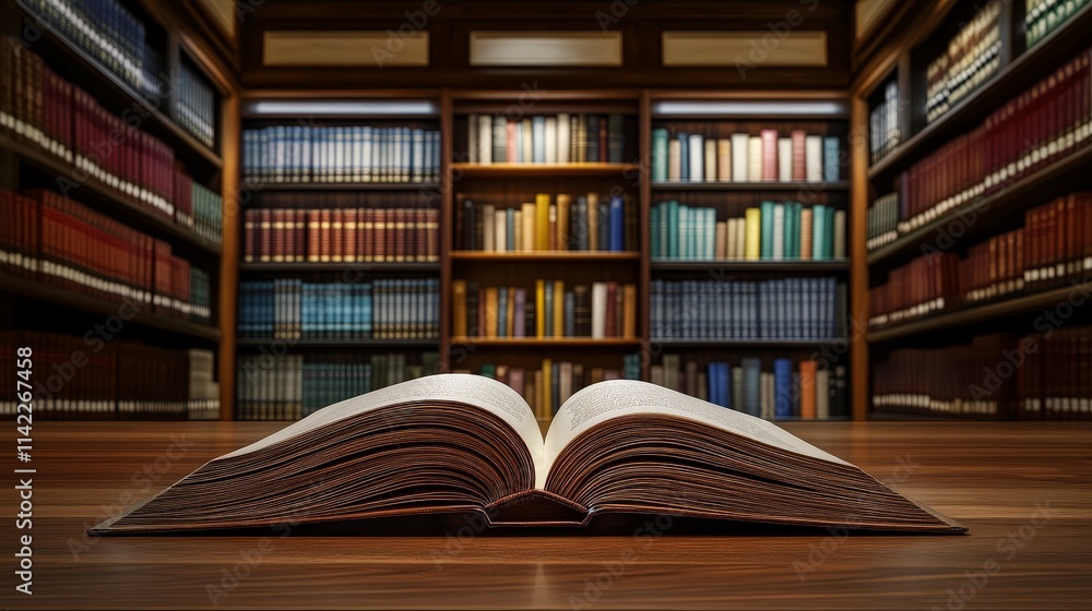 Open Book on a Wooden Table with Blurred Library Open Book on a Wooden Table with Blurred Library