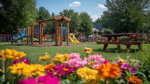 Colorful Playground Equipment And Picnic Table In Park