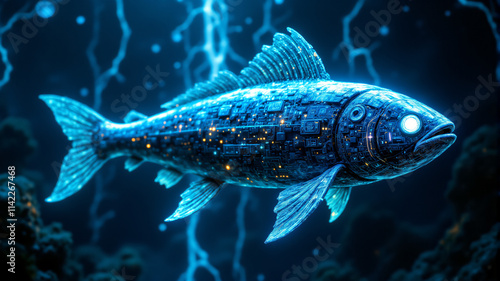 A stunning digital fish design, illuminated in electric blue, showcasing intricate technological patterns. photo