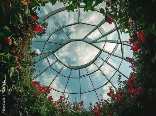 Red flowers bloom beneath a glass dome, showcasing a bright, blue sky.