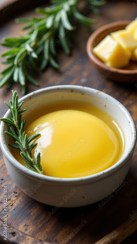 A bowl of golden liquid garnished with sprigs of thyme on a rustic table. A bowl of golden liquid garnished with sprigs of thyme on a rustic table.