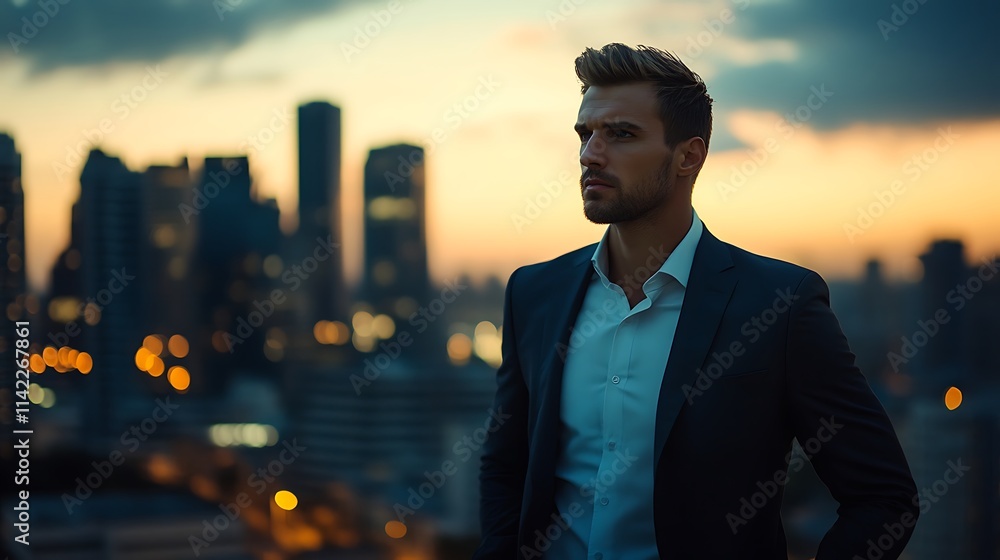 Male model wearing a suit, standing against bright city skyline at dusk, exuding confidence