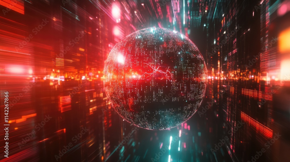 A digital grid forming a globe-like structure with light beams representing data flows, top view, emphasizing the digital transformation of the world, robotic tone, Triadic Color Scheme A digital grid forming a globe-like structure with light beams representing data flows, top view, emphasizing the digital transformation of the world, robotic tone, Triadic Color Scheme