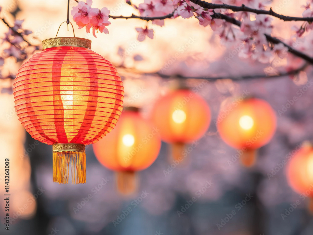 Red and gold Chinese lanterns glow among cherry blossoms at sunset Red and gold Chinese lanterns glow among cherry blossoms at sunset