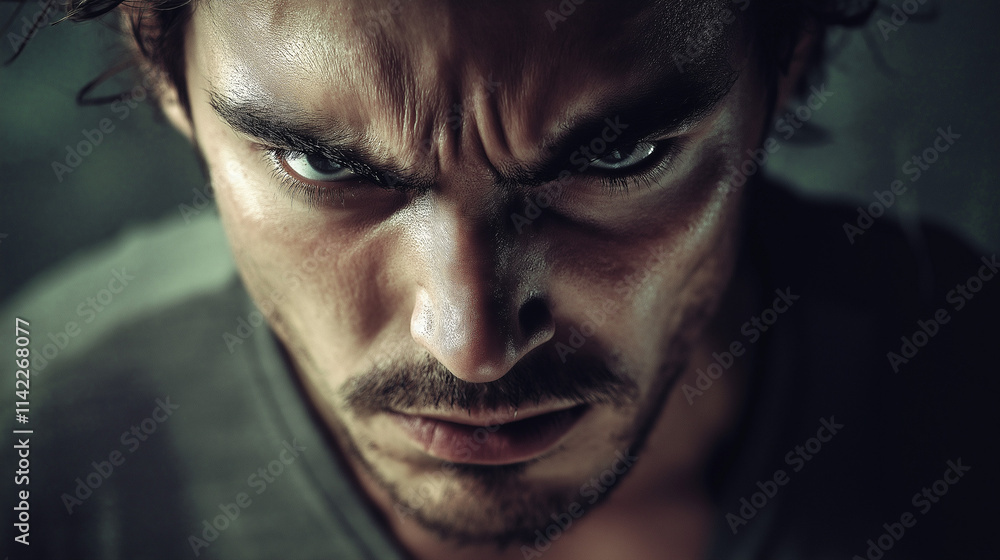 Intense Close-Up of a Man with Fierce Gaze and Dramatic Expression Intense Close-Up of a Man with Fierce Gaze and Dramatic Expression