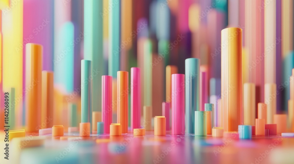 A dynamic 3D bar chart with colorful bars rising from a flat surface, representing financial data trends, set against a modern digital dashboard interface. A dynamic 3D bar chart with colorful bars rising from a flat surface, representing financial data trends, set against a modern digital dashboard interface.