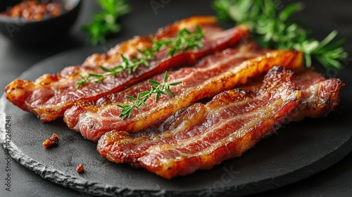 Crispy Bacon Strips on Black Slate Plate Garnished with Fresh Herb Sprigs and Spices in Small Bowl for Delicious Breakfast or Gourmet Dish Presentation