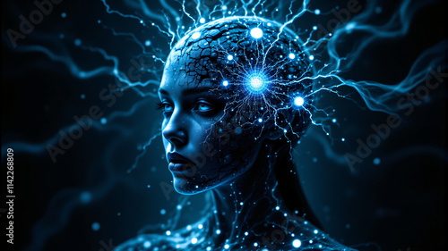 A futuristic depiction of a human head with electric blue neural connections and glowing features. photo