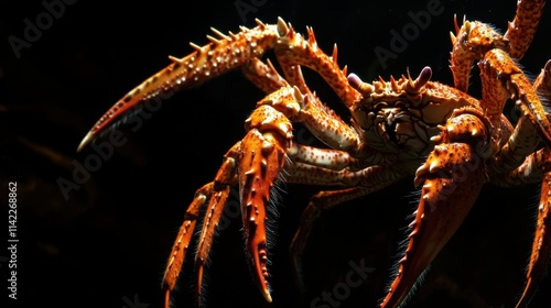 Majestic Close-Up of a Vibrant Crab with Striking Orange Claws and Intricate Texture Against a Dark Background in an Underwater Environment photo