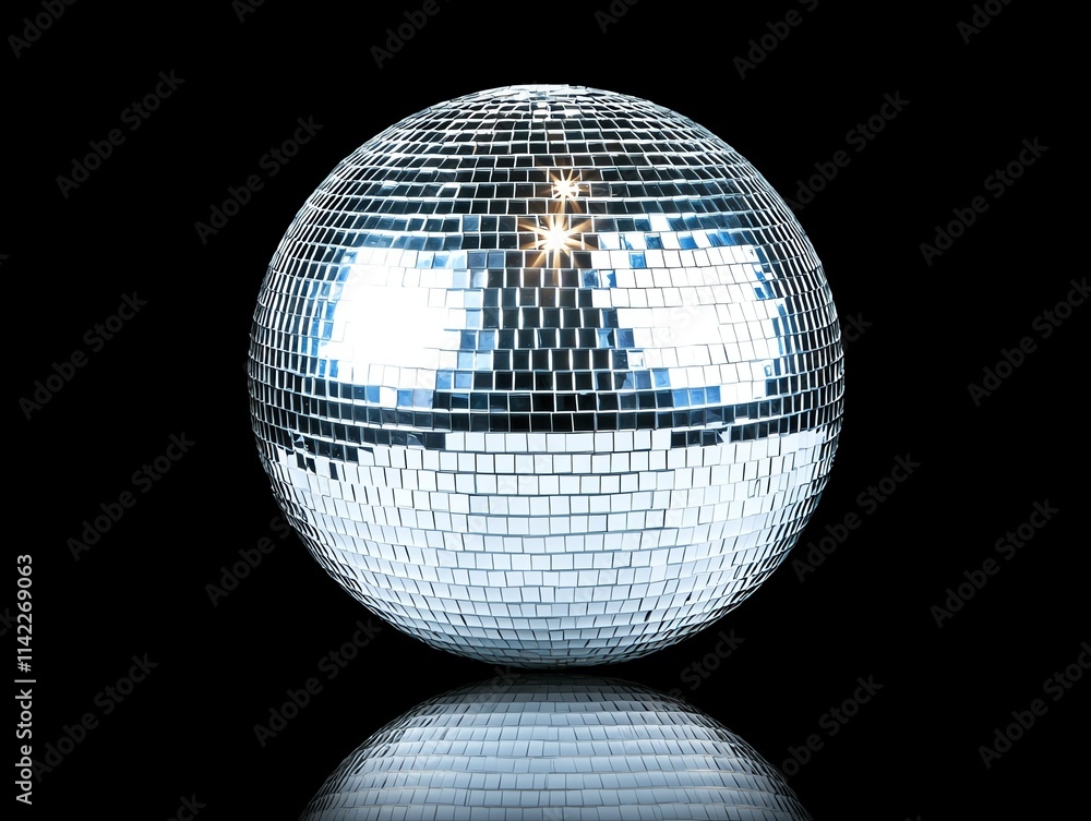 Fototapeta premium A professional studio shot of a glittering disco ball reflecting bright lights in a dark room