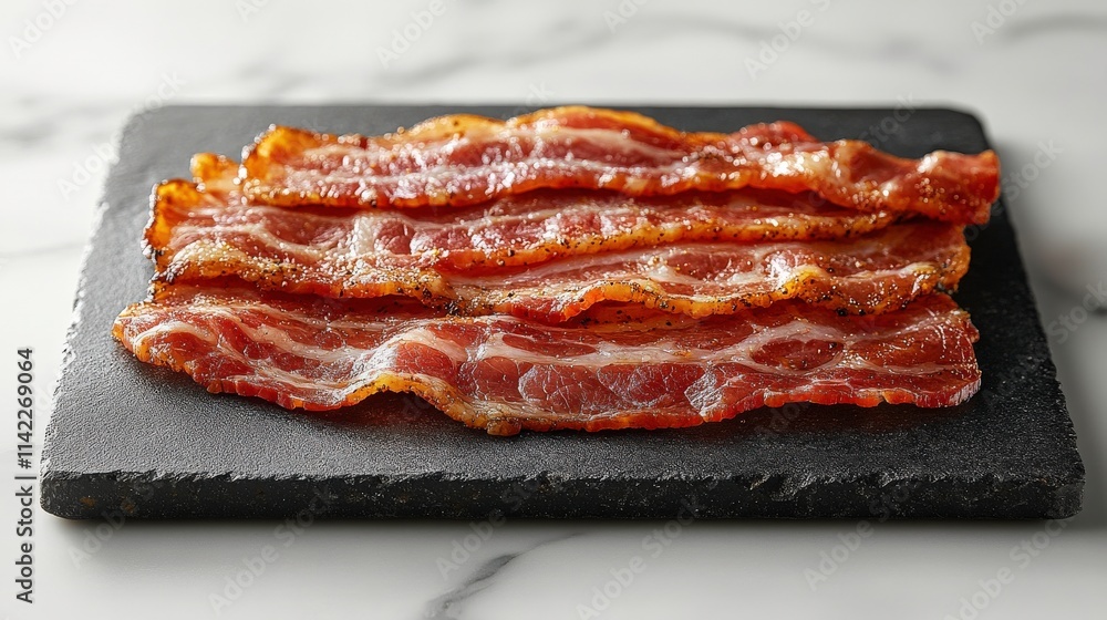 Crispy Freshly Cooked Bacon Strips on Slate Serving Board, Ideal for Breakfast, Brunch, or Gourmet Dishes, Perfectly Rendered and Glazed for Maximum Flavor Crispy Freshly Cooked Bacon Strips on Slate Serving Board, Ideal for Breakfast, Brunch, or Gourmet Dishes, Perfectly Rendered and Glazed for Maximum Flavor