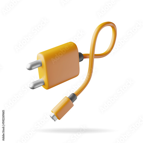 3d orange USB charger isolated on white. Render data transfer wire charger. Connector or plug for gadgets. Device for charging, Electronic equipment. Vector illustration