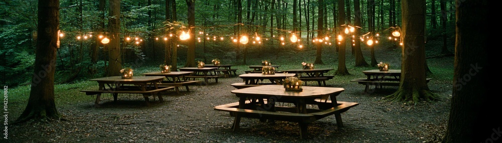 Obraz premium Inside the studio, a cozy garden party setup with picnic tables, fairy lights hanging from trees, and floral centerpieces is arranged under a softly glowing evening sky