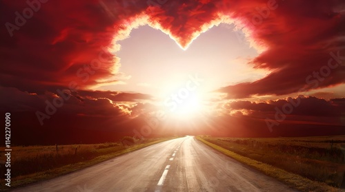 Romantic red heart-shaped sky at sunset with scenic road, clouds, and love-themed background