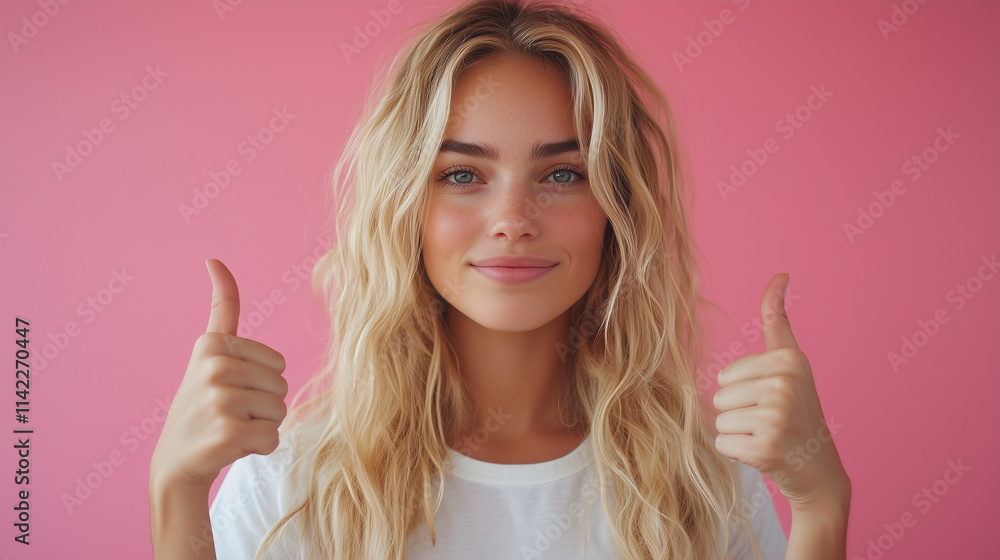Smiling young woman with long hair giving thumbs up gesture against a pink background Smiling young woman with long hair giving thumbs up gesture against a pink background