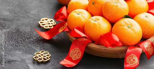 Mandarin oranges in bamboo basket with red ribbons, festive decor