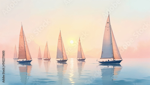 Tranquil Watercolor Painting of Sailboats in a Regatta on a Calm Sea Under a Pastel Sunset Sky