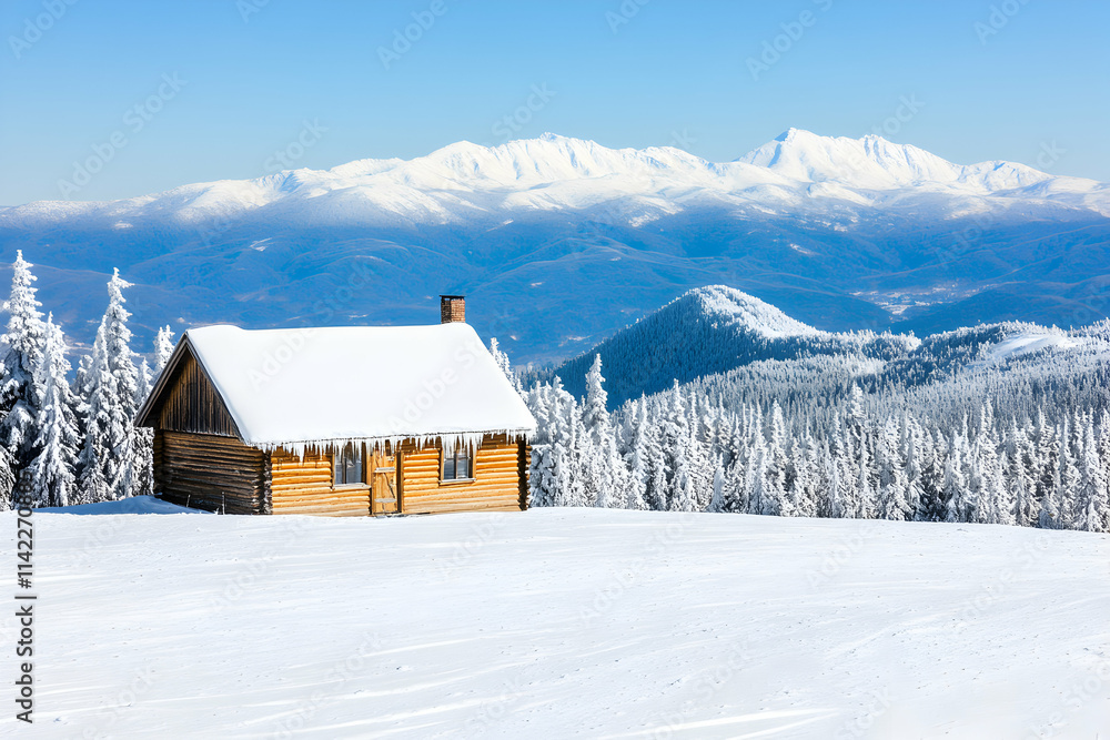 Secluded snow-covered cabin nestled amidst a breathtaking winter mountain landscape. Ideal for winter wonderland, travel, and cozy home concepts. Secluded snow-covered cabin nestled amidst a breathtaking winter mountain landscape. Ideal for winter wonderland, travel, and cozy home concepts.
