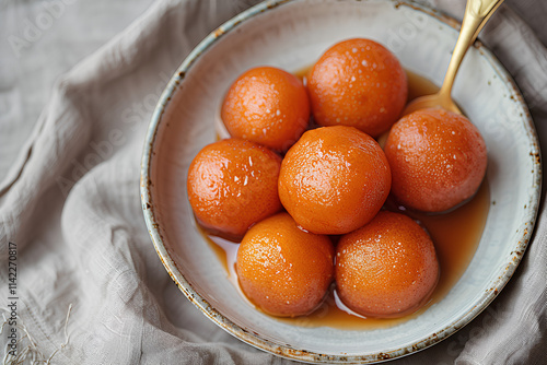 Traditional Indian Gulab Jamun in Syrup - A Classic Dessert - Delicious Soft Gulab Jamun Served in a Rustic Bowl photo