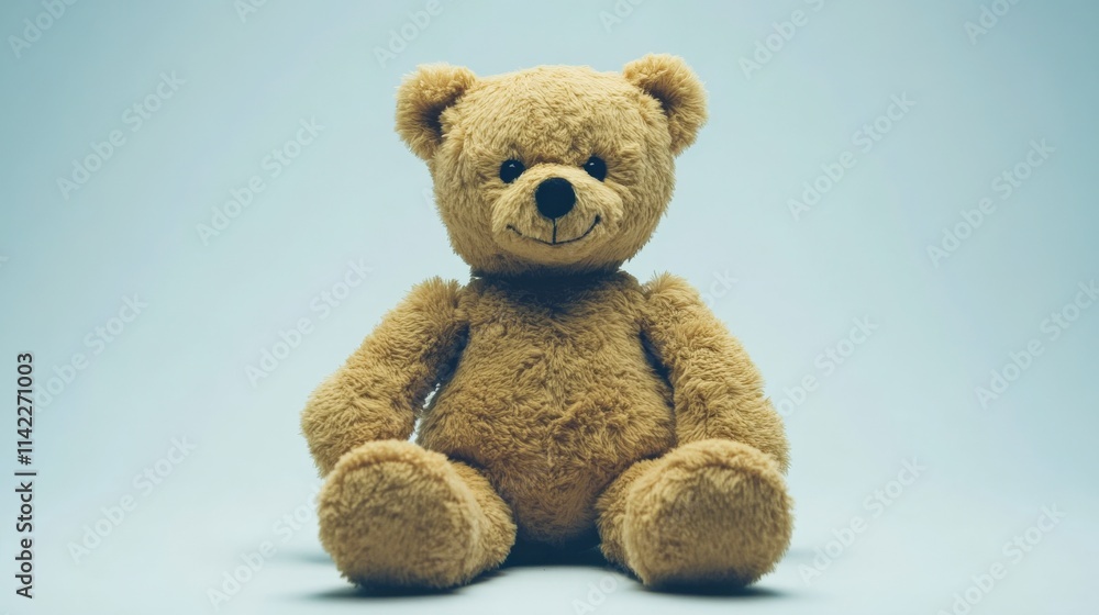 Obraz premium Cute and Cuddly Teddy Bear Sitting on a Soft Blue Background Perfect for Childhood Memories, Baby Showers, and Comforting Toys for All Ages