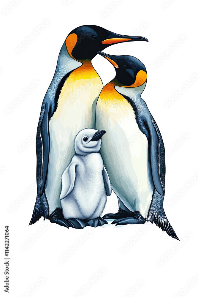 Obraz premium Couple of Antarctica King Penguin Nurturing Their Chick on an Iceberg Illustration. Isolated on a Transparent Background. Cutout PNG.