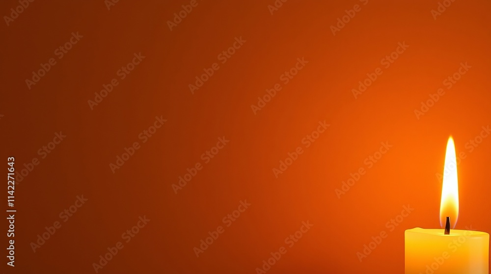 A single candle burns brightly against a warm orange background. The soft glow creates a peaceful and serene atmosphere. A single candle burns brightly against a warm orange background. The soft glow creates a peaceful and serene atmosphere.